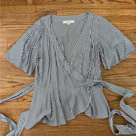 LOFT Gray and White Striped Wrap Blouse - Picture 1 of 2
